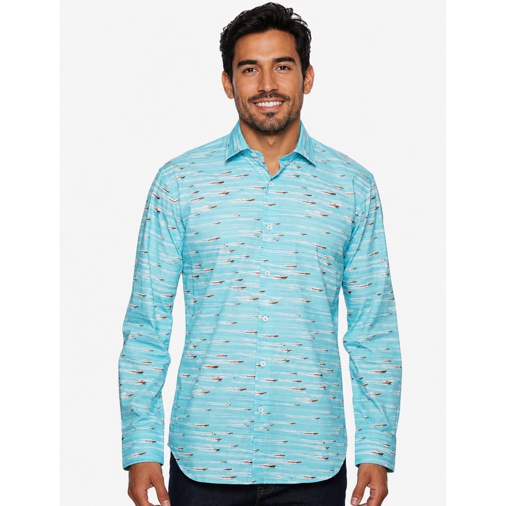 Bugatchi Men XXL All Over Print Speed Boat Cyan Blue‎ Water Pop Over Collar